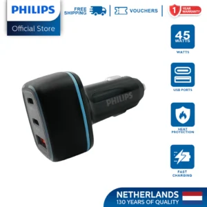 Philips Car Charger 45W 3 Port Fast Charger Car Adapter with PD 20W + PD 45W