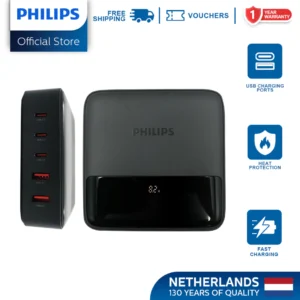 Philips Ultra Fast 240W 5-Port GaN USB Desktop Charger with Digital Display 3 USB-C and 2 USB-A port
