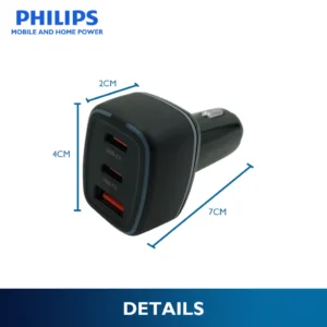Philips Car Charger 45W 3 Port Fast Charger Car Adapter with PD 20W + PD 45W