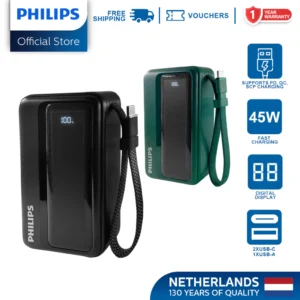 Philips 20000mAh Powerbank 45W PD QC3.0 Fast Charging Built-in USB-C Cable Portable Charger