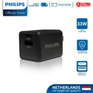 Philips 33W Compact Dual-Port Black Charger with Foldable Plug | USB-C Fast Charging Wall Charger