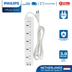 Philips 5 Universal Power Outlet with Integrated USB/USB-C Charging Port 3 Meters Extension