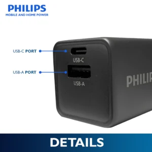 Philips 33W Compact Dual-Port Black Charger with Foldable Plug | USB-C Fast Charging Wall Charger