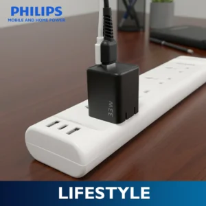Philips 33W Compact Dual-Port Black Charger with Foldable Plug | USB-C Fast Charging Wall Charger