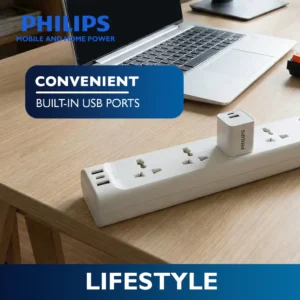 Philips 5 Universal Power Outlet with Integrated USB/USB-C Charging Port 3 Meters Extension