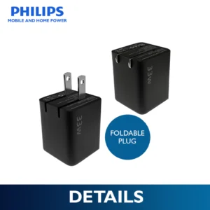 Philips 33W Compact Dual-Port Black Charger with Foldable Plug | USB-C Fast Charging Wall Charger