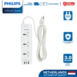Philips 3 Universal Power Outlet with Integrated USB/USB-C Charging Port 3 Meters Extension