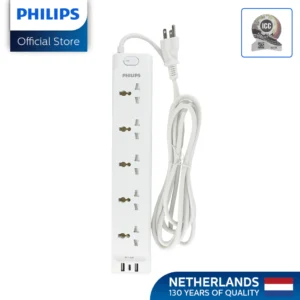 Philips 5 Universal Power Outlet with Integrated USB/USB-C Charging Port 3 Meters Extension