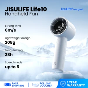 JISULIFE Life10/10S Handheld Fan 5‑Speed Turbo Mini Strong Wind, Long Battery, USB‑C Rechargeable